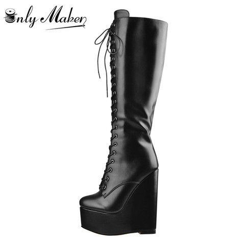 Onlymaker Women's Wedge Heels Black Knee High Boots Lace Up Knee High Shaft Knee Side Zip Heeled  Fashion Booties Plus Size ► Photo 1/6