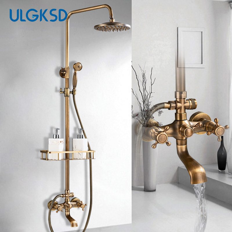 Rainfall Antique Brass Bathroom Shower Faucet Set  Hand Spray Mixer W/Shelf Taps 