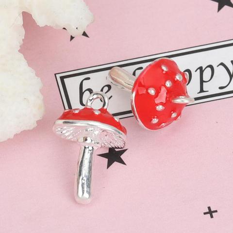 DoreenBeads Fashion Women Pendants Trendy Jewelry Zinc Based Alloy 3D Charms Mushroom Silver Color Red Enamel 17mm x 11mm, 5 PCs ► Photo 1/3