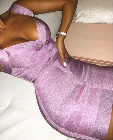 Free Shipping Ladies Sexy V Neck Backless Purple Shining Women Bandage Dress 2022 Designer Fashion Sparkly Party Dress Vestido ► Photo 1/6