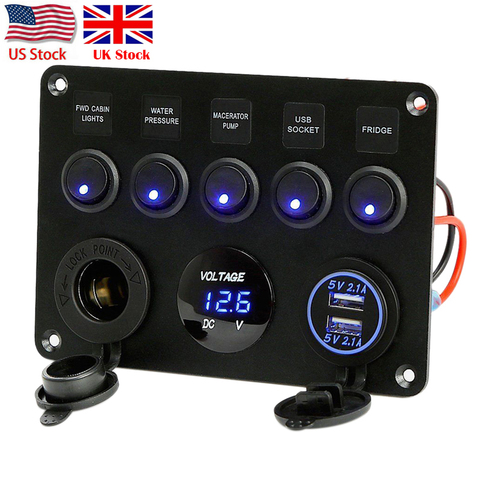 Inline Fuse Box 5 Gang Blue LED Rocker Switch Panel Voltmeter Dual USB Charger Socket 12V 24V Vehicle Yacht Ship Car Boat Marine ► Photo 1/6