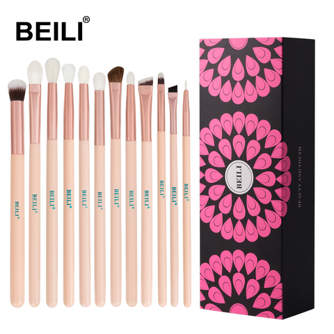 BEILI Pink Rose makeup brushes goat hair eye blending pro set eyebrow eyeshadow 12 pcs brushes plus makeup sponge in box ► Photo 1/6