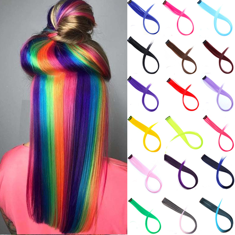 Lupu Colorful Highlight Rainbow Synthetic Hair Extensions Clip In One Piece 22 Inches Long Straight False Hair Pieces For Women ► Photo 1/6