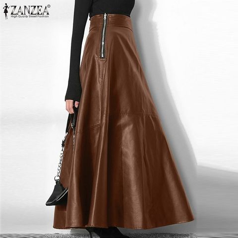 Women Elegant OL Solid Skirts ZANZEA Office Lady Zipper Long Skirt Elegant Party A Line Bottom Fashion PU Leather Skirt Oversize ► Photo 1/6