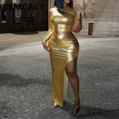 Women One Shoulder Metallic Dress Sexy Bodycon Slit Evening Party Dress ► Photo 1/3