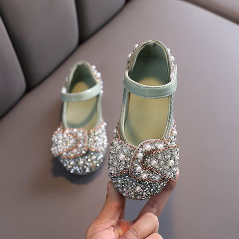 2022 New Children Casual Shoes Girls Princess Flat Heel Party Shoes Sequins Bow Pearl Crystal Bling Baby Performance Shoes D487 ► Photo 1/6