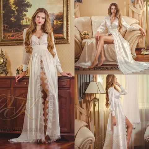 Lace Bridal Nightgown Night Dress Silk Long Sleeves Nightgown Nightdress Women Sleepwear Nightwear For Bridal Boudoir Dress ► Photo 1/1