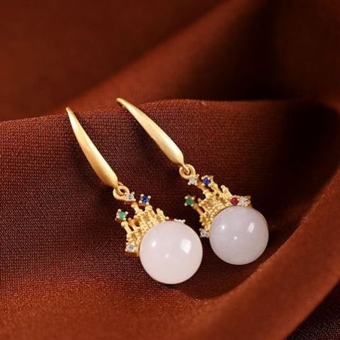 Original SNew Silver Hetian White Jade Round Bead Earrings Castle Shape Chinese Retro Charm Craft Women's Brand Jewelry ► Photo 1/6