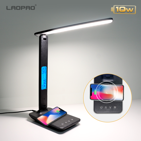 LAOPAO QI Wireless Charging LED Desk Lamp 10W With Calendar Temperature Alarm Clock Eye Protect Reading Light Table Lamp 2022 ► Photo 1/6