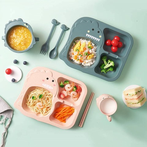 6Pcs/ Set Baby Cartoon Dinosaur Tableware Children's Dinnerware Set Home Anti-hot Wheat Straw Training Plate Kids Feeding Dishes ► Photo 1/6