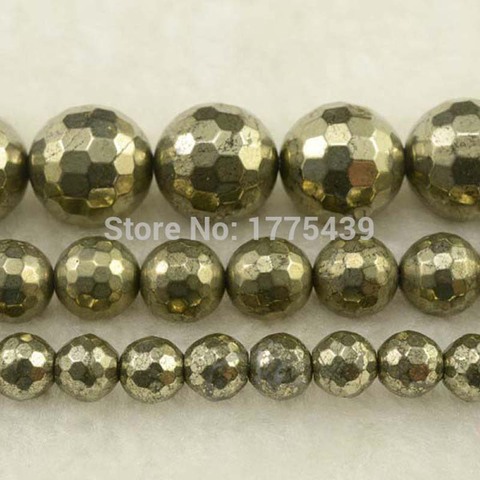 Factory Priac Natural Stone Faceted Iron Pyrite Round Loose Beads 16