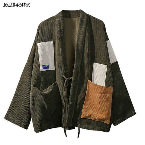 Japan Style Men Corduroy Kimono Jacket Color-blocking Patched Design Drop Shoulder Haori Oversize Loose Thin Coat ► Photo 1/1