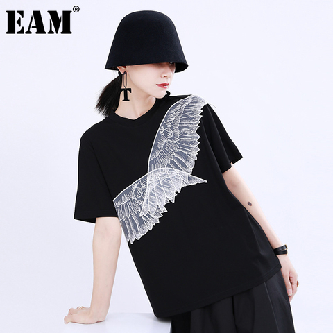 [EAM] Women White Wings Mesh Split Solid Color T-shirt New Round Neck Short Sleeve  Fashion Tide  Spring Summer 2022 1U500 ► Photo 1/6