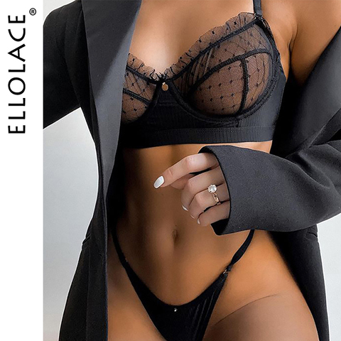 Black Lace Bralette & Transparent Panties Black Lace Set, Bralette
