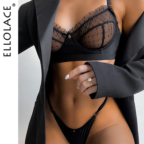 Ellolace Ruffle Lace Lingerie Set Sexy Women's Underwear Transparent Bra Party Sets Lace Black Lingerie Bra Set Underwear Set ► Photo 1/6