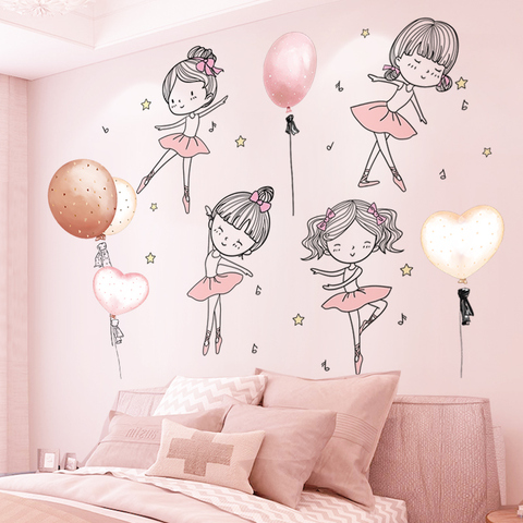 [SHIJUEHEZI] Ballet Dancer Girl Wall Stickers DIY Cartoon Balloons Wall Decals for Kids Room Baby Bedroom House Decoration ► Photo 1/5