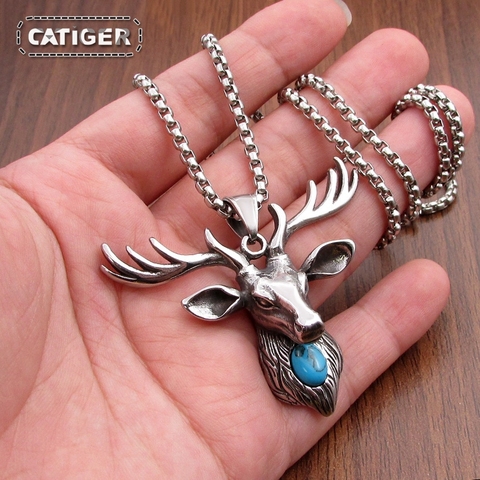 Free Shipping  Vintage 316L Stainless Steel New Viking Deer Head Animal Green Stone Amulet Nose Viking Necklace Jewelry ► Photo 1/6