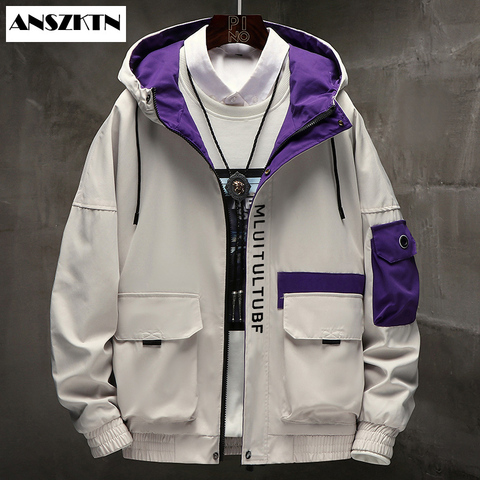 ANSZKTN Long Sleeved Cargo jacket men harajuku windbreaker jackets hooded hip-hop streetwear zipper coats with big pockets ► Photo 1/4