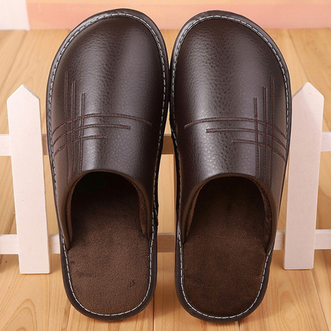 Soft Short Plush Men's Slippers Plus Size 35-46 Indoor Leather Slippers Winter Fashion Shoes 2022 New Unisex Home Slippers ► Photo 1/6