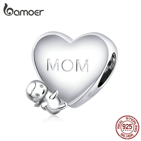 bamoer Mother's Day Baby with Mon Heart Shape Charm 925 Sterling Silver Metal Beads for Women Jewelry Making DIY BSC218 ► Photo 1/6