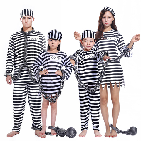 Umorden Carnival Party Halloween Prisoner Costume for Men Women Kids Child Family Violent Prisoner Costumes Fancy Dresses Set ► Photo 1/6