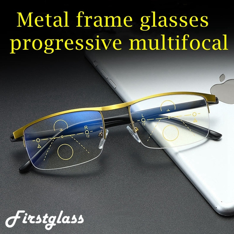 Progressive Multifocal Reading Glasses Men Half Frame Metal Presbyopia Glasses Anti Blue Light Lightweight Alloy Square Gafas150 ► Photo 1/6