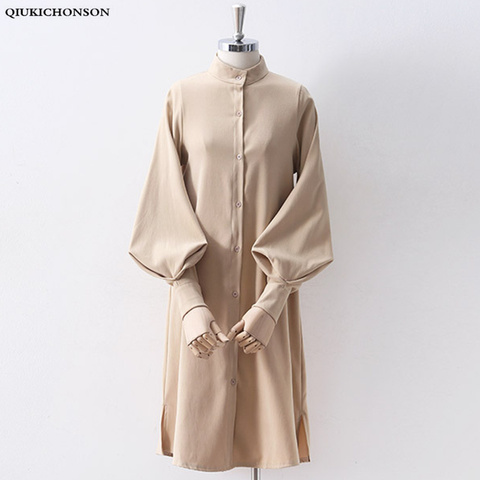 Long Lantern Sleeve Blouse Korean Lazy Oaf Style Women Shirt Spring Autumn Stand Collar Single Breasted Slit Long Shirt White ► Photo 1/6