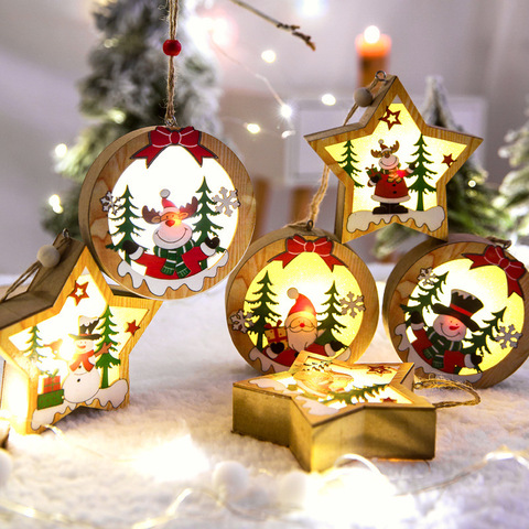 LED Light Christmas Tree Ornaments Star Car Wooden Hanging Pendants Christmas Decorations For Home Party Kids Gifts Wood Crafts ► Photo 1/6