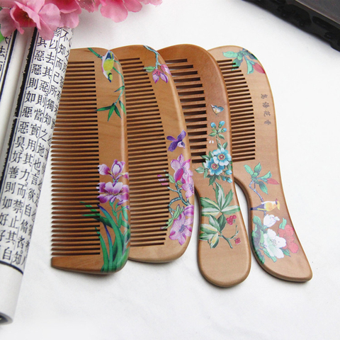 1Pcs Peach Wood Comb Flower Painted Anti-Static Natural Head Massage Comb Handmade Wooden Hair Comb Hair Styling Tools For Gift ► Photo 1/6
