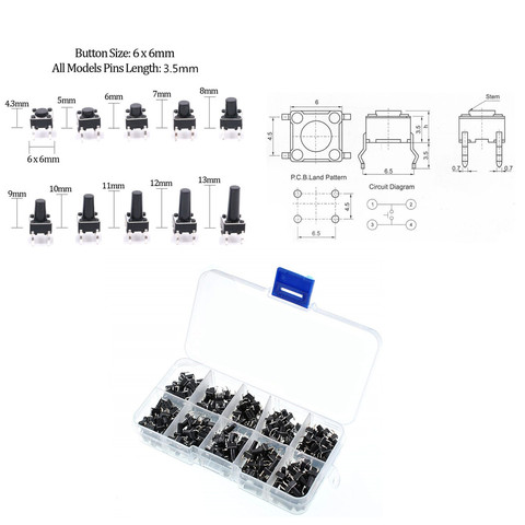 10 Models 200pcs 6*6 Tact Switch Tactile Push Button Switch Kit, Height: 4.3MM~13MM DIP 4P Micro Switch 6x6 Key Switch ► Photo 1/6