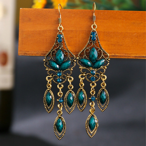 Bohemian Ethnic Style Long Earrings Women Antique Bronze Alloy Hollow Carved Resin Gem Dangle Earrings Vintage Jewelry Oorbellen ► Photo 1/6