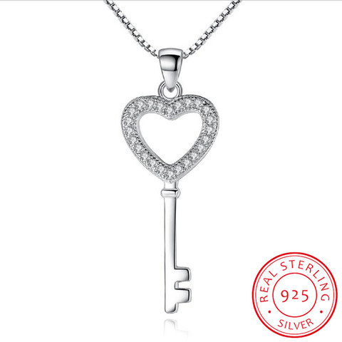 925 Sterling Silver Jewelry CZ Zirconia Crystal Love Heart Key Pendant Necklace For Women Gift 45cm Chain collares S-N74 ► Photo 1/5