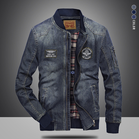 New Men's Denim Jacket Spring Brand Fashion Stand Collar Multi Pocket Cotton Casual Jackets Coat Men Slim Fat Clothing 4XL BF687 ► Photo 1/6