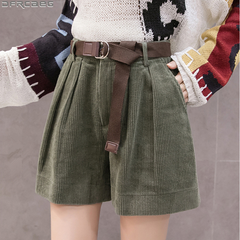 Casual Streetwear S-5XL Plus Size Shorts For Women Winter High Waist Corduroy Ladies Shorts With Belt Loose Wide Leg Short Femme ► Photo 1/6