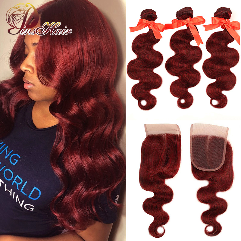 Buy Online Pinshair 99j Hair Red Burgundy Bundles With Closure Brazilian Body Wave Human Hair Weave Bundles With Closure Non Remy No Tangle Alitools