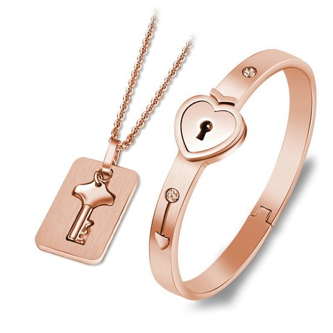 Fashion Concentric Lock Key Titanium Steel Stainless Steel Jewelry Bracelet Necklace Couple Sets ► Photo 1/6