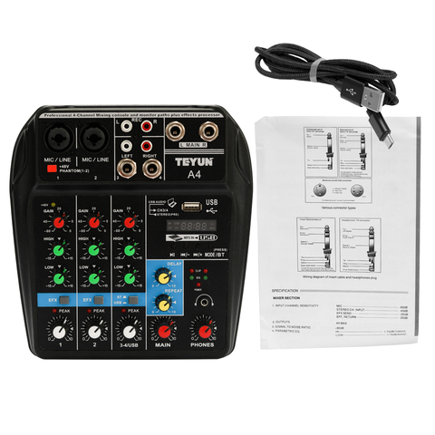 TU04 BT 4 Channels Sound Mixing Console Record 48V Phantom Power Monitor AUX Paths Plus Effects Audio Mixer with USB ► Photo 1/6