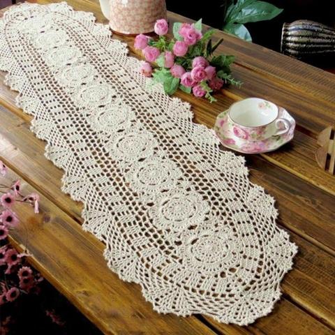Fresh Water Lotus Handmade Crochet Lace Hollow Dining Table Runner Chinese Nostalgic Cotton Woven Table Flag Home Decor ► Photo 1/6