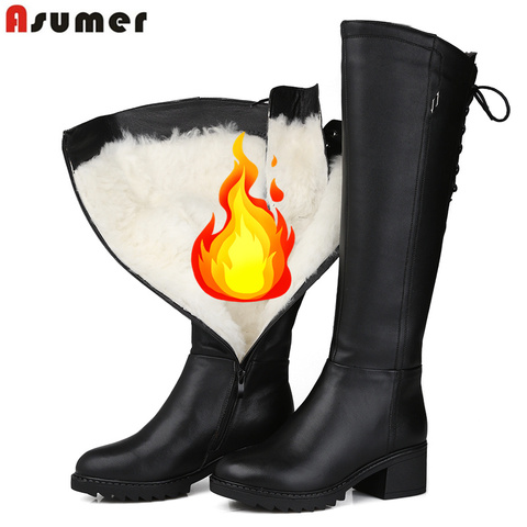 ASUMER 2022 New Genuine leather boots women winter snow boots zip back lace up knee high boots female warm wool winter botas ► Photo 1/6