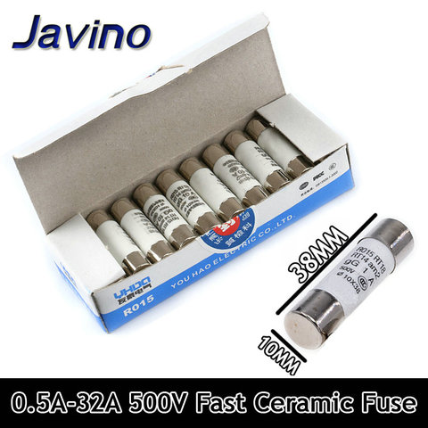 5Pcs 10*38 Fast blow Ceramic Fuse 10x38mm Fuse 500V 0.5A 1A 2A 4A 5A 6A 8A 10A 16A 20A 32A RO15 RT18 RT14 ► Photo 1/6