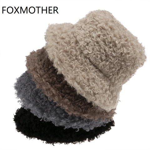 FOXMOTHER New Outdoor Warm Lamb Faux Fur Bucket Hat Black Solid Fluffy Fishing Cap Panama Bob Fisherman Gorros Women Winter 2022 ► Photo 1/6