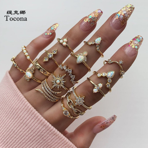 Tocona Boho 17pcs/sets Luxury Clear Crystal Stone wedding Ring Sets for Women Men Water Drop Flowers Sun Geoemtric Jewelry 8920 ► Photo 1/6