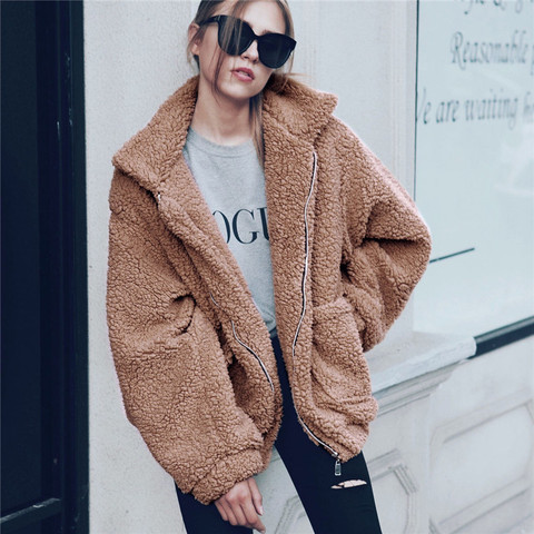 Elegant Faux Fur Coat Women 2022 Autumn Winter Thick Warm Soft Fleece Jacket Female Pocket Zipper Overcoat Bear Teddy Coat 3XL ► Photo 1/6