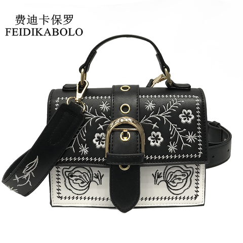 2022 Fashion Women Bag Young Girl Small Square Pack Shoulder Bag Vintage Flower Girls Bags Black PU Leather Women Messenger Bags ► Photo 1/6