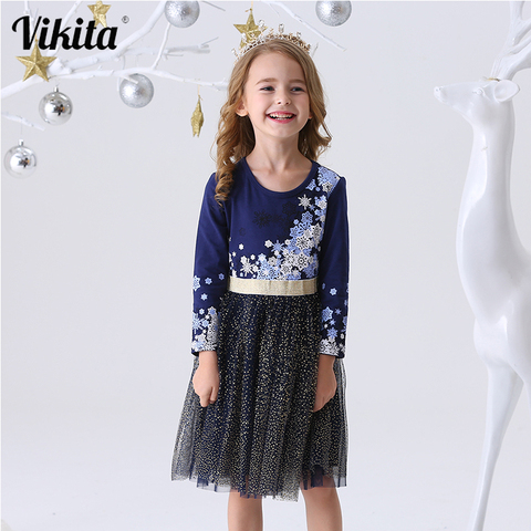 VIKITA Kids Dress for Girls Long Sleeve Children Party Perform Sequins Dress Kids Princess Unicorn Vestidos Girls Flower Dresses ► Photo 1/6