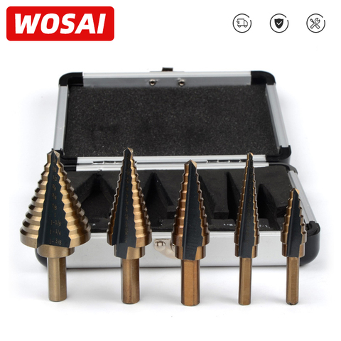 WOSAI 5pcs/Set HSS COBALT MULTIPLE HOLE 50 Sizes STEP DRILL BIT SET w/ Aluminum Case ► Photo 1/5