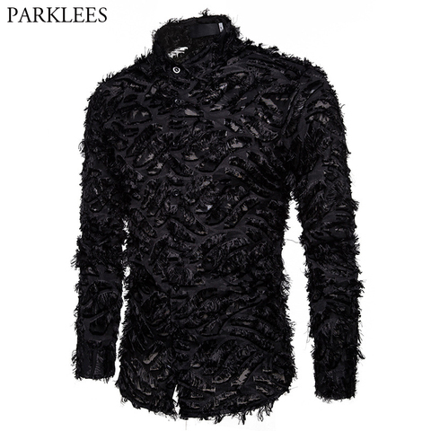 Sexy Black Feather Lace Shirt Men 2022 Fashion See Through Clubwear Dress Shirts Mens Event Party Prom Transparent Chemise S-3XL ► Photo 1/6