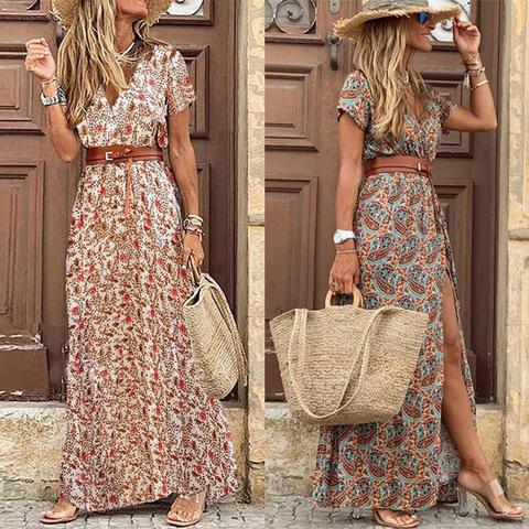 HOT SALE!! Boho Women V Neck Short Sleeve Paisley Print Belt Large Hem Beach Long Dress print dress summer beach dress with belt ► Photo 1/6