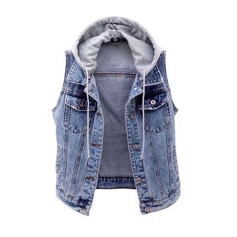 Plus size Short Denim Vest Women Detachable Hooded Coat Spring summer Side pockets Sleeveless Jeans Jacket Female Tops-5XL ► Photo 1/6