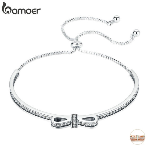 BAMOER High Quality 925 Sterling Silver Bowknot Clear Cubic Zircon Bangles Bracelets for Women Sterling Silver Jewelry SCB108 ► Photo 1/6